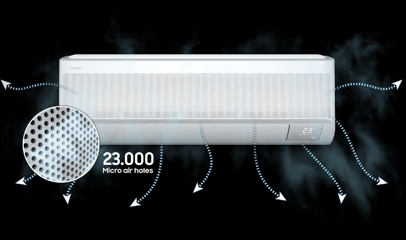 Tecnología WindFree™: frescor sin ráfagas directas La principal diferencia del Samsung WindFree Comfort S2 está en su sistema de refrigeración WindFree™.  En lugar de expulsar constantemente un chorro de aire frío directo, el equipo distribuye el aire a través de aproximadamente 23.000 microorificios, creando un flujo mucho más suave y uniforme.  El objetivo es generar una sensación de “aire en calma”, reduciendo las corrientes molestas y consiguiendo que la temperatura se reparta progresivamente por toda la estancia.  Esto resulta especialmente agradable en salones, dormitorios, zonas de trabajo o espacios donde se permanece durante muchas horas.